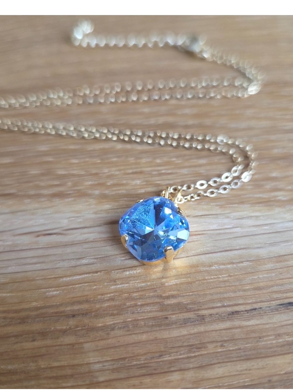 Gold Chain Necklace, Blue Crystals, Hand Crafted